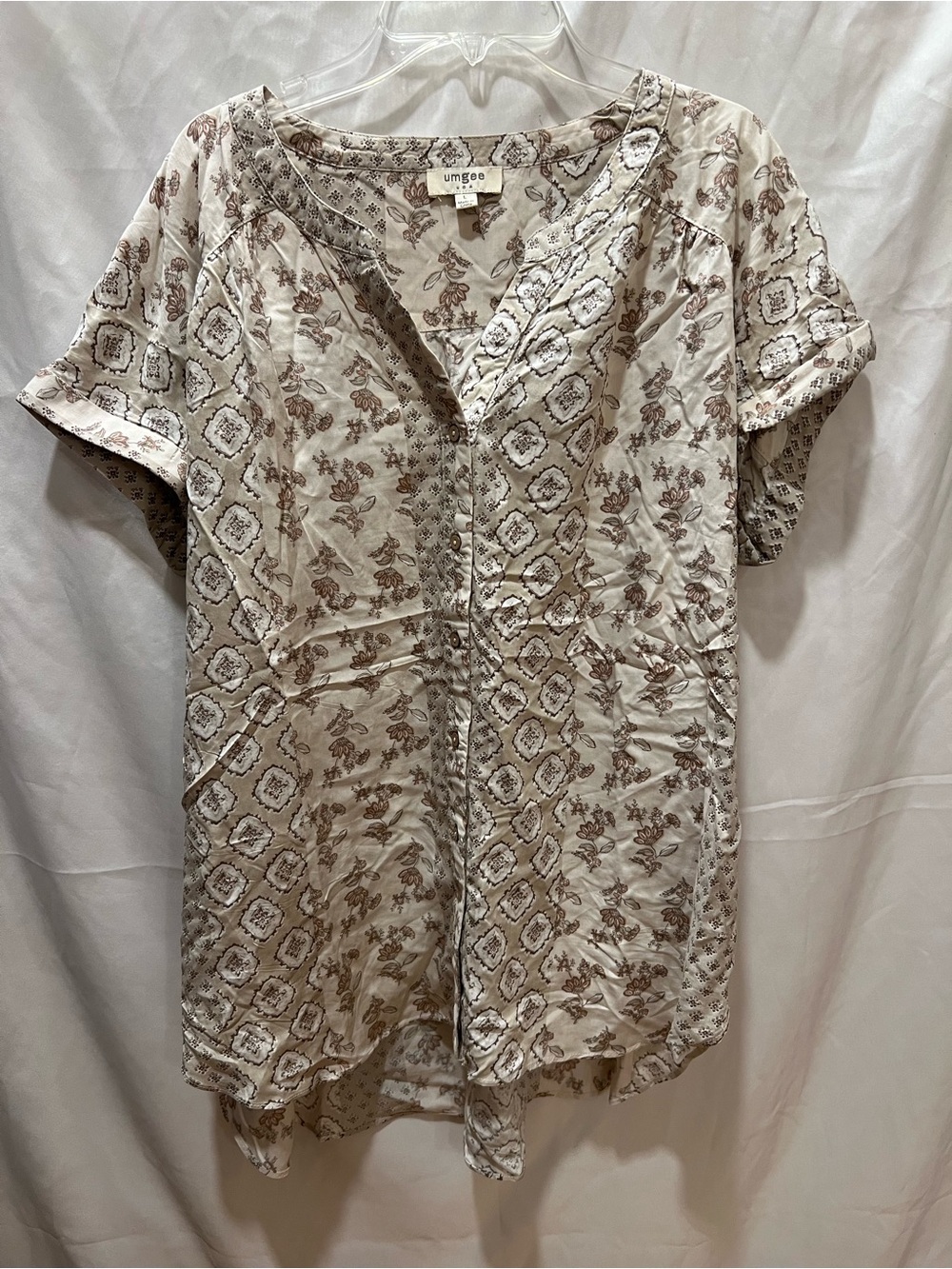 Umgee Beige & Brown Printed Short-Sleeve Button Shirt